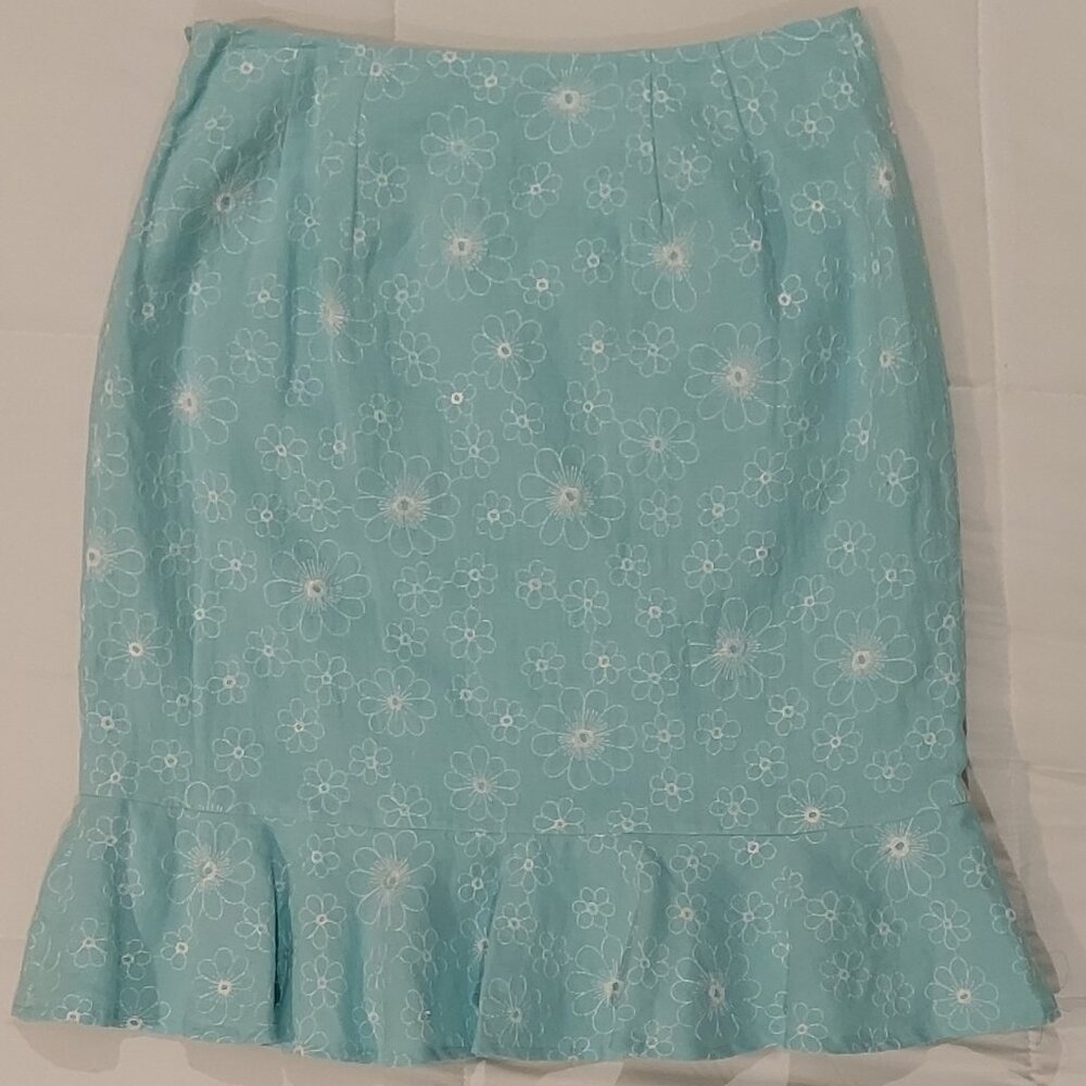 Aqua Linen Skirt Embroidered with White Flowers & Ruffled Bottom 4P